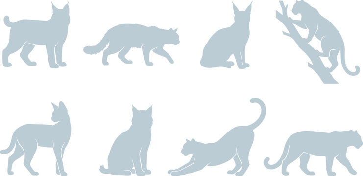 Set of big cat animal silhouettes featuring lynx, puma, and wildcats in various poses isolated on white background