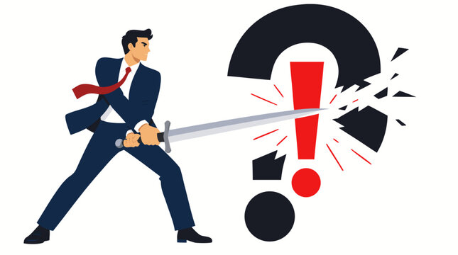 Confident businessman in navy suit wielding silver sword slicing through red and black exclamation mark, shattering doubt and uncertainty with decisive action and bold determination