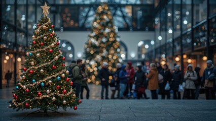 Obraz premium Christmas tree in a shopping mall with people shopping and enjoying the holiday season. Festive decorations and lights create a joyful atmosphere.