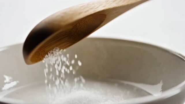 Rustic Wooden Spoon Pouring Sea Salt into Ceramic Bowl Macro 4K