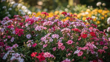 Obraz premium Colorful blooming flowers in a garden scene.