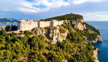 Fototapeta premium Ancient stone castle atop lush green hillside.
