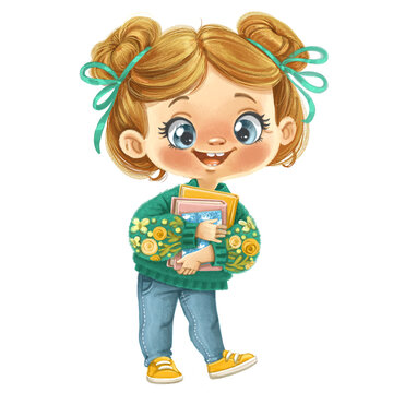 Cute cartoon girl in warm green sweater with books ready for school