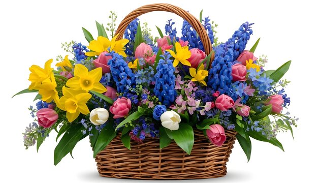 Beautiful wicker basket filled with colorful spring flowers including yellow daffodils, pink tulips, and blue hyacinths on a white background