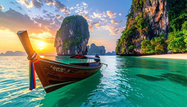Traditional colorful Thai long-tail boat floating on crystal-clear turquoise water near dramatic limestone cliffs in Krabi at golden sunrise, showcasing a luxurious tropical paradise with pristine bea