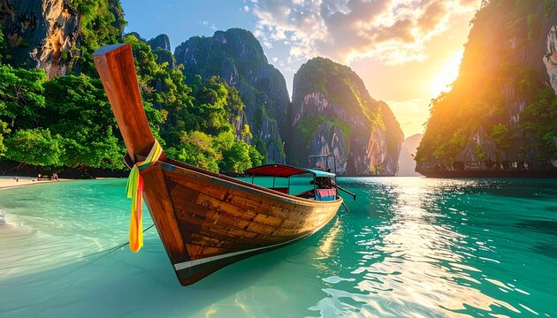 Traditional colorful Thai long-tail boat floating on crystal-clear turquoise water near dramatic limestone cliffs in Krabi at golden sunrise, showcasing a luxurious tropical paradise with pristine bea