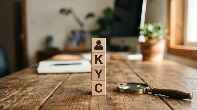Know Your Customer KYC Concept Person Hand Stacking Wooden Blocks on Desk
