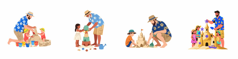 Collection of illustrations featuring fathers and a grandfather building sandcastles with their children on a beach during summer vacation.
