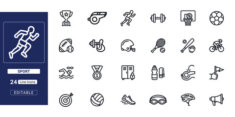 Sport and Fitness outline icon set. Featuring trophy, whistle, dumbbell, basketball hoop, running shoe, medal, and swimming symbols. Vector illustration for athletics, gym, and training use. © PROSENJIT DEB