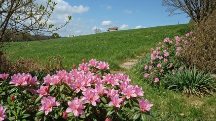 Obraz premium A peaceful green hillside with pink azaleas in bloom, a pathway, trees, and a bench under a blue sky with clouds.