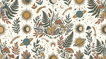Celestial esoteric vector pattern with ferns, celestial bodies, magic crystals, and shooting stars © Akhi Ayra
