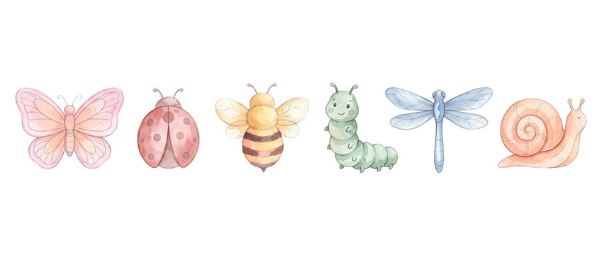 Cute watercolor insects nursery set with butterfly, bee, ladybug, caterpillar, dragonfly, and snail, hand-drawn pastel bugs clipart isolated on white background for children art design projects.
