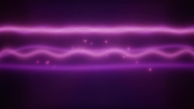Abstract glowing purple light waves flow smoothly against a dark background with small bright particles scattered throughout the scene.