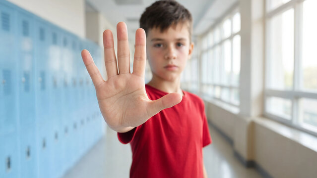 Student raising open hand in school hallway, personal boundary refusal gesture, anti bullying education, consent awareness, conflict prevention, mental health support, school safety protocol