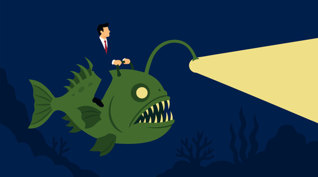 A businessman in a suit riding on the back of a large green anglerfish whose glowing lure beam shines ahead in deep dark ocean water, vector illustration concept of business vision, guidance, and