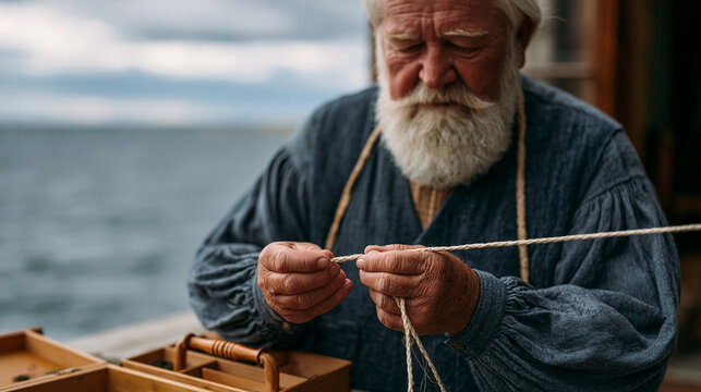 Fishing guide demonstrating knot tying close up with weathered hands gripping braided line above an overcast loch, storm clouds pressing low, wood handled tackle box open nearby,