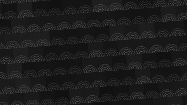 Black geometric panels display repeating white concentric arc patterns across a dark striped surface.