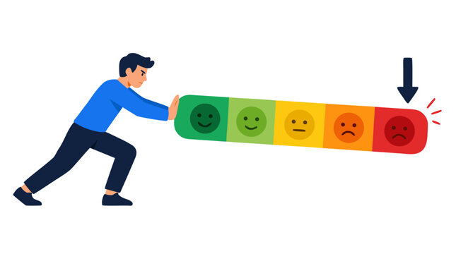 Man pushing satisfaction rating scale down to angry red face, customer dissatisfaction feedback concept, bold flat design illustration with emoji emotions