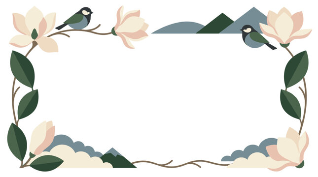 East Asia inspired floral frame with magnolia blossoms and small birds, serene landscape silhouette elements, decorative border for invitations