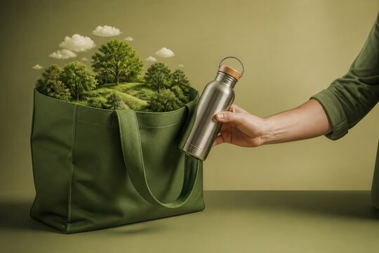 Eco friendly tote bag with forest concept and reusable bottle for green living