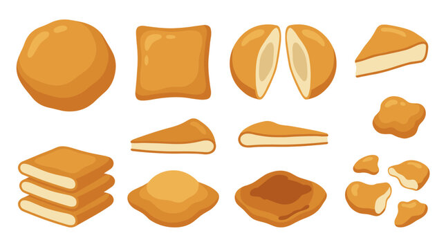 set of golden fried food items, delicious snacks and savory bread pieces, restaurant menu elements, appetizing snacks for food delivery services