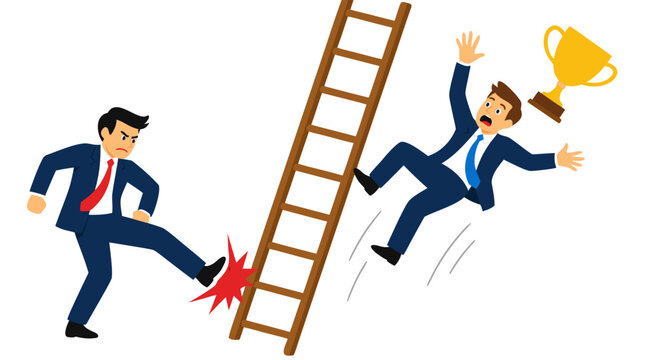 An angry businessman in a suit kicks the base of a tall wooden ladder, causing a successful coworker holding a gold trophy to fall and tumble down in a dramatic display of workplace sabotage and