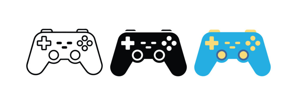 Gamepad controller icons featuring video game, gaming, joystick, console, entertainment, and multimedia symbols in outline, solid, and colorful flat vector styles for apps, streaming, esports, and dig