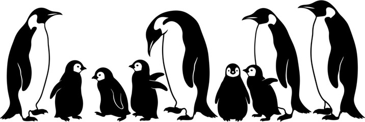 Group of emperor penguin silhouettes with chicks, arctic family wildlife vector illustration, black white nature design for animal lovers.  © Ahsan