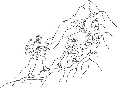 Group of mountain climbers with backpacks and ropes climbing up a steep rocky mountain peak in a black and white line art drawing illustration for outdoor adventure