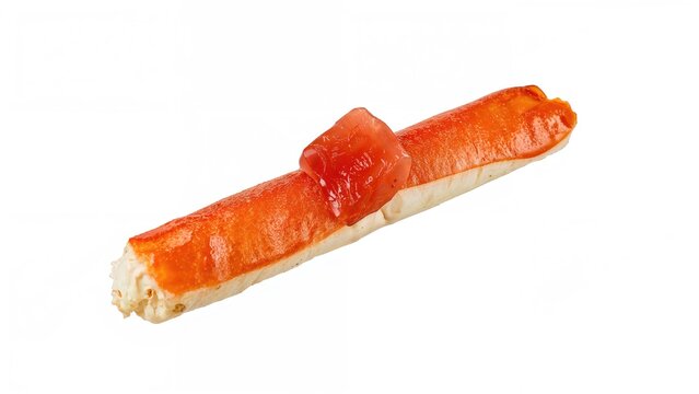 A piece of sushi with crab stick and a small tomato topping on a white background