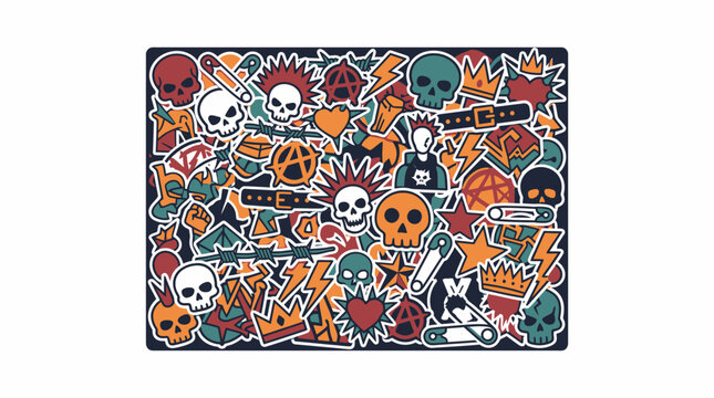 Punk Rock Stickers Collage: Skulls, Safety Pins, Anarchy Symbols, Crowns, Hearts