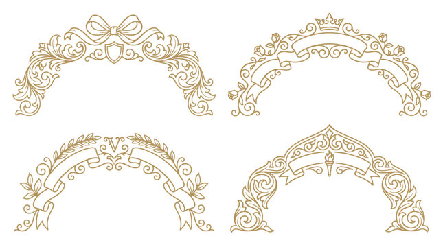 Set of four victorian baroque frames with ornate gold floral scrolls, arch shaped flourish borders, vintage royal decorative flourishes for