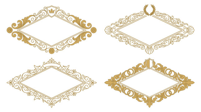Set of four victorian baroque frames with ornate golden patterns, vintage scrollwork detailing, luxury decorative borders, regal flourishes for