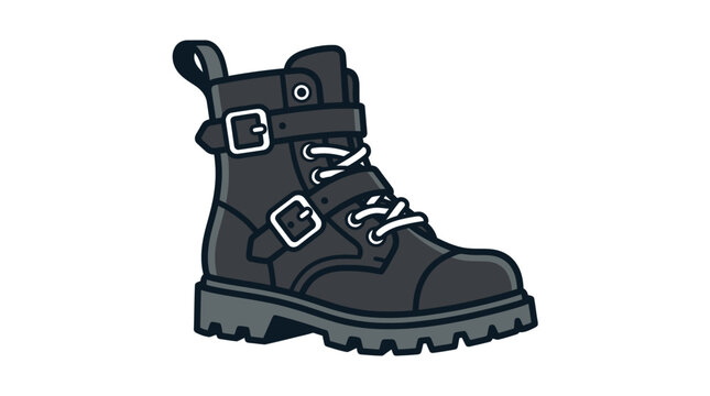 Grunge Black Combat Boot with Buckles and Laces - Isolated Illustration