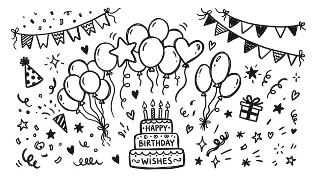 Birthday celebration with cake and balloons Birthday elements illustrating hand drawn party celebration