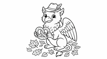Naklejka premium Black and White Coloring Page of a Friendly Griffin Wearing a Traditional Bavarian Hat and Holding a Pretzel, Surrounded by Autumn Leaves, Vector Illustration