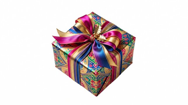 A beautifully wrapped square gift box featuring intricate traditional patterns in vibrant colors with a luxurious gold and magenta ribbon bow, isolated on a clean white background for design.
