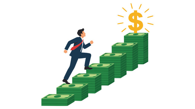 A determined businessman in a blue suit climbs a staircase made of stacked green dollar bills towards a glowing golden dollar sign at the top, symbolizing financial success, career growth, wealth