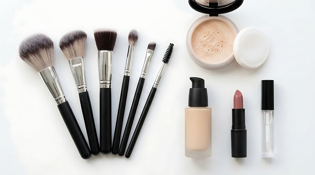Set of professional makeup brushes with liquid foundation lipstick and powder compact for beauty use. beginner makeup guide