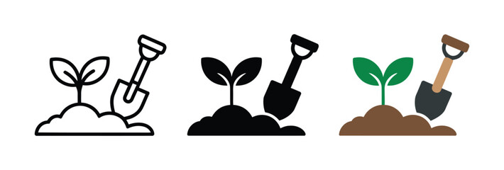 Garden shovel with young green plant sprout icons featuring agriculture, gardening, sustainability, environmental care, landscaping, and planting symbols in outline, solid black, and colored earth ton © ARIF AHMED 02
