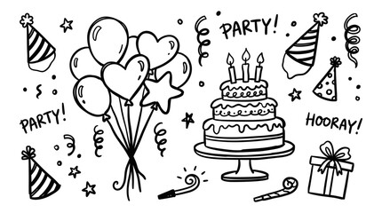 Doodle birthday party elements scattered on white Party items celebrating in doodle illustration style © graphophonic
