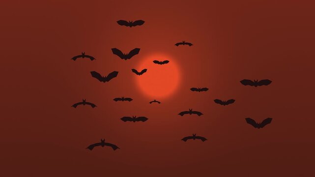 Halloween background of swirling vortex of flying bats, seamless loop in fiery red and black