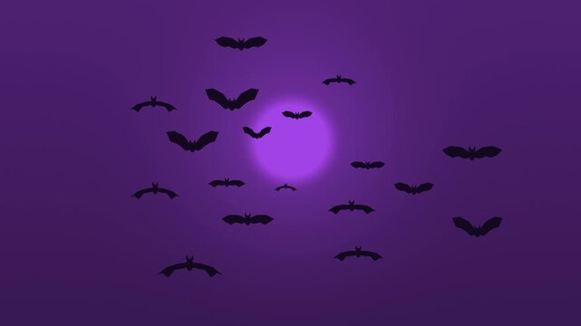 Halloween background of swirling vortex of flying bats, seamless loop in purple and black