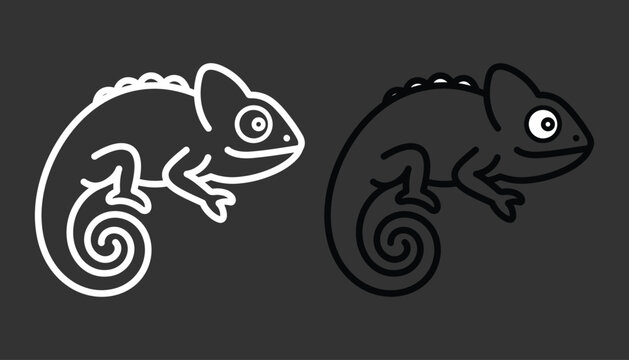 Chameleon Line Art Set - Minimalist Lizard Outline Vector Illustration in White and Black on Dark Background, Reptile Wildlife Design