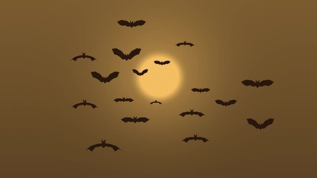 Halloween background of swirling vortex of flying bats, seamless loop in golden amber