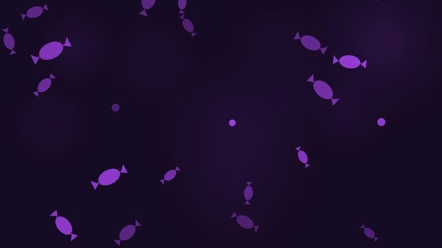 Halloween background of falling wrapped candies, seamless loop in purple and black