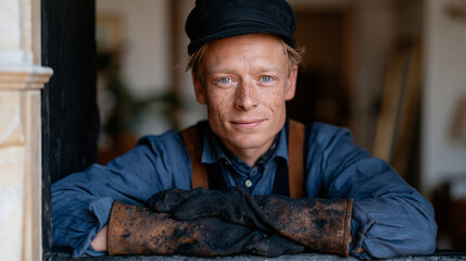 Obraz premium Chimney sweep emerging from a narrow Victorian fireplace in a modest terraced house living room, soot coating their forearms in a candid unposed moment, electronics assembly