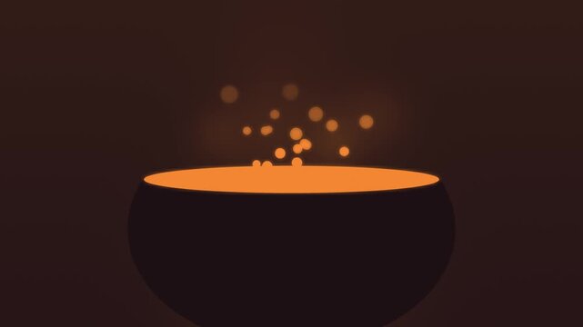 Halloween background of witch cauldron with glowing bubbling brew, seamless loop in orange and black