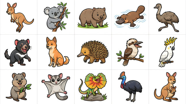 Set of cute australian wild animals and birds including kangaroo koala wombat platypus emu dingo echidna kookaburra cockatoo quokka sugar glider frilled lizard and cassowary in cartoon style