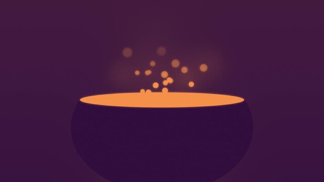 Halloween background of witch cauldron with glowing bubbling brew, seamless loop in purple and orange twilight